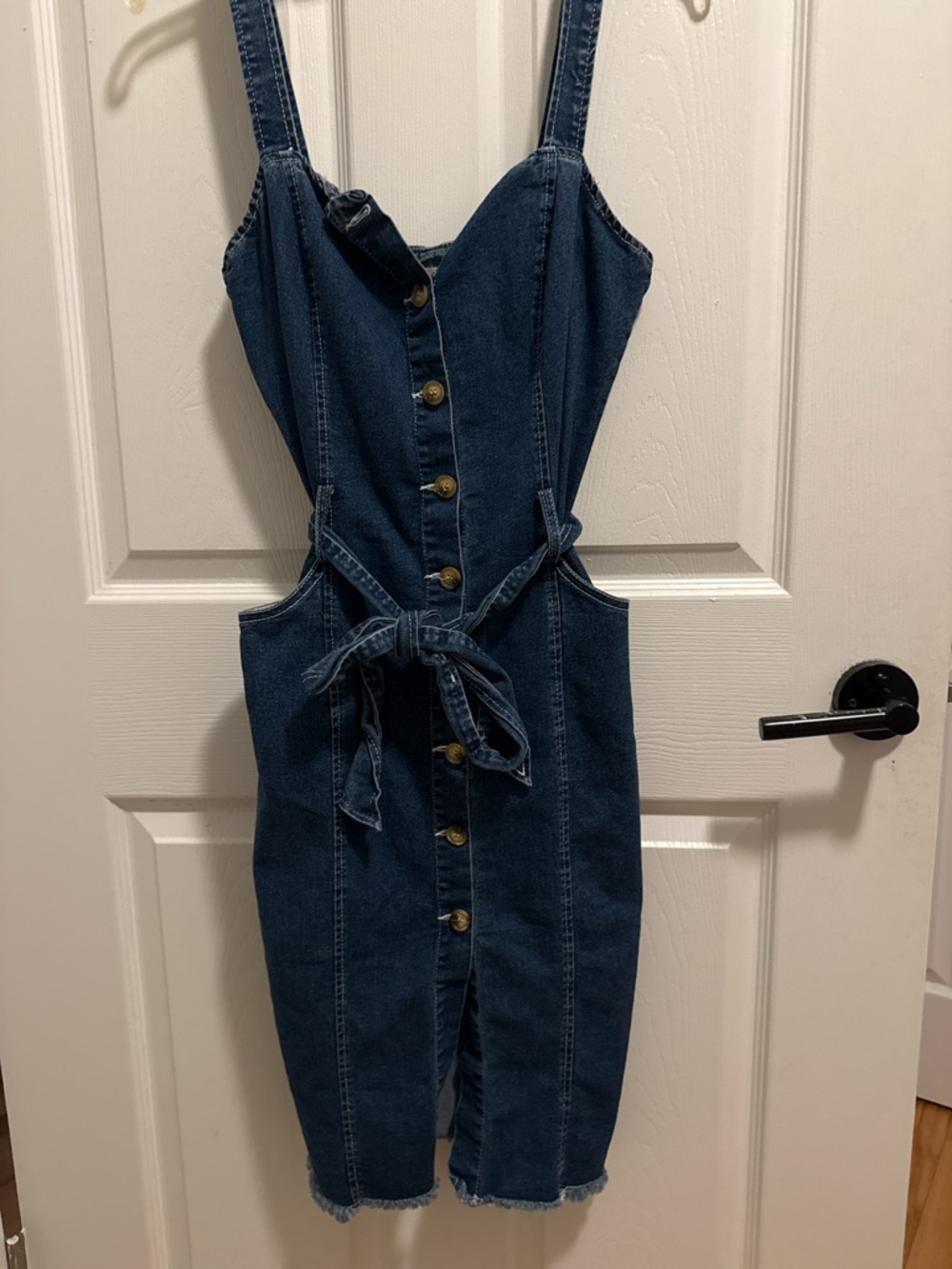 Denim Button-Front Midi Dress with Tie Waist - Blue